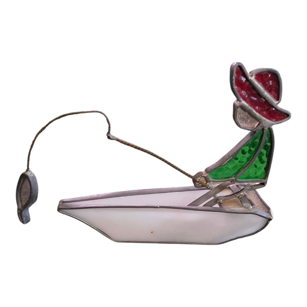 Vintage Stained Glass Fisherman In Boat Sculpture Suncatcher